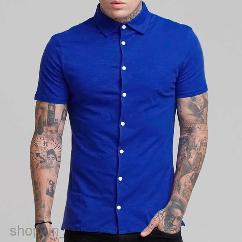 Men's Casual Shirts New Male slim fitting solid color collar casual imitation cotton shirt short sleeved youth men clothing tops
