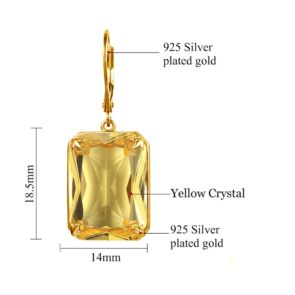 Szjinao 14K Gold Jewelry Set For Women Shiny Rectangle Yellow Crystal Pendant Earrings With Lever Backs Real Silver 925 Jewelery