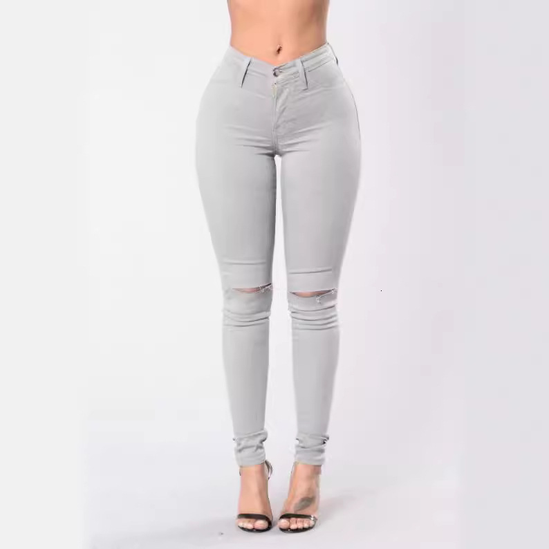 Slim fit high elasticity perforated jeans pencil pants for women 220907