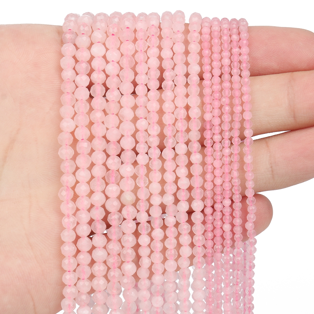 2/3/4mm Faceted Natural Stone Rose Quartz Agates Waist Seed Round Spacer Beads for Jewelry Making Diy Bracelet Necklace 15 Inch