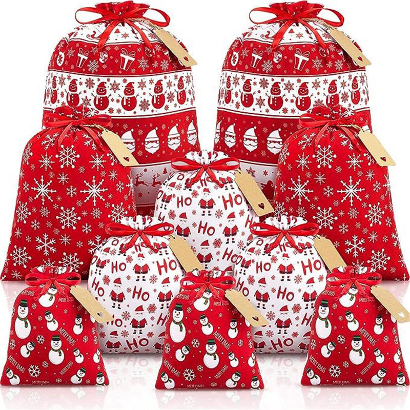 6Pcs/Lot Christmas Gift Bag 51*41cm*3Pcs+ 41*32cm*3Pcs Snowflake Stocking Cotton&Linen Green Tree Drawstring Bag Printed Socks
