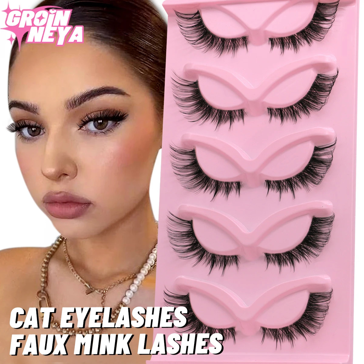 GROINNEYA 5 pairs Cat Eye Lashes Faux Mink Eyelashes Clear Band Lashes Natural Look Wispy Mink Eyelashes Full Strip Lashes 240624