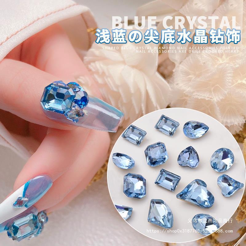 10Pcs Blue Luxury Dimond Nail Charms Shiny Pointed Bottom Crystal Nail Rhinestones Gems DIY Nail Art Decorations Strass Stones