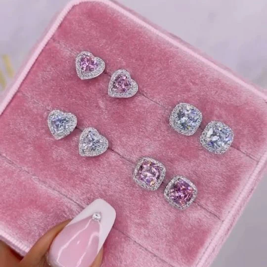 High Quality Velentine's Day Gift For Lover Girlfriend White Pink Heart Cubic Zirconia CZ Cluster Stud Earring