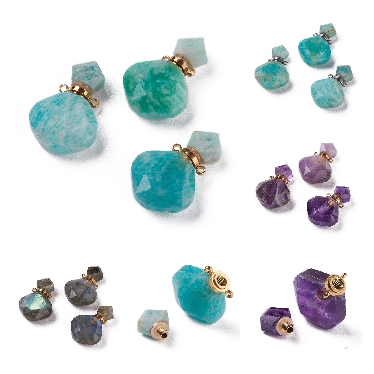 1pc Rhombus Natural Stone Amazonites Perfume Bottle Pendants For Necklace Reiki Essential Oil Diffuser Bottle Charm Jewelry