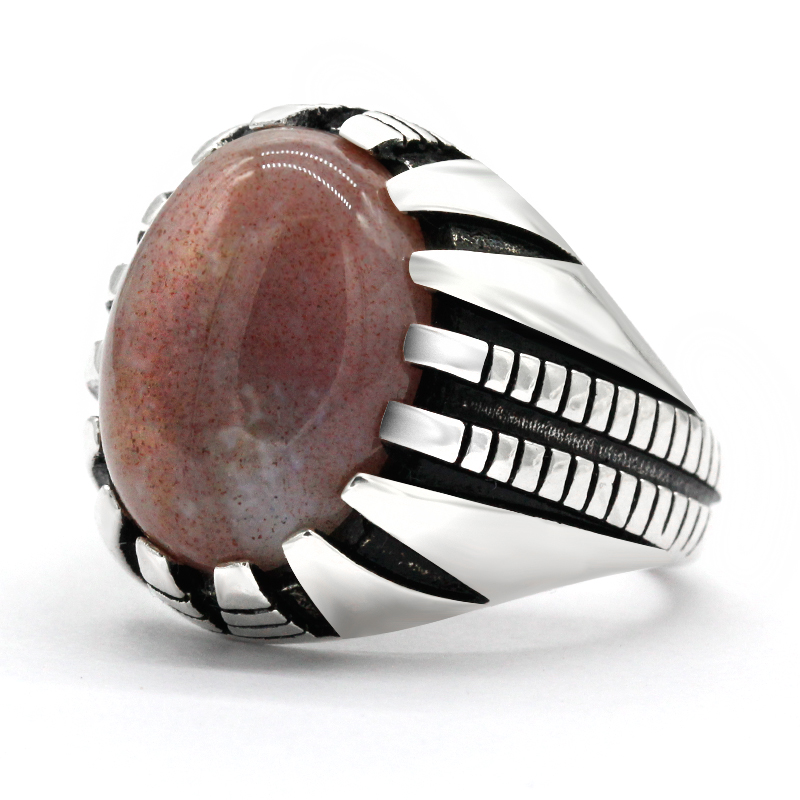 India Agate Ring for Men Punk 925 Sterling Silver Natural Gemstone Turkey Handmade Jewelry Party Christmas Gift for Male Women