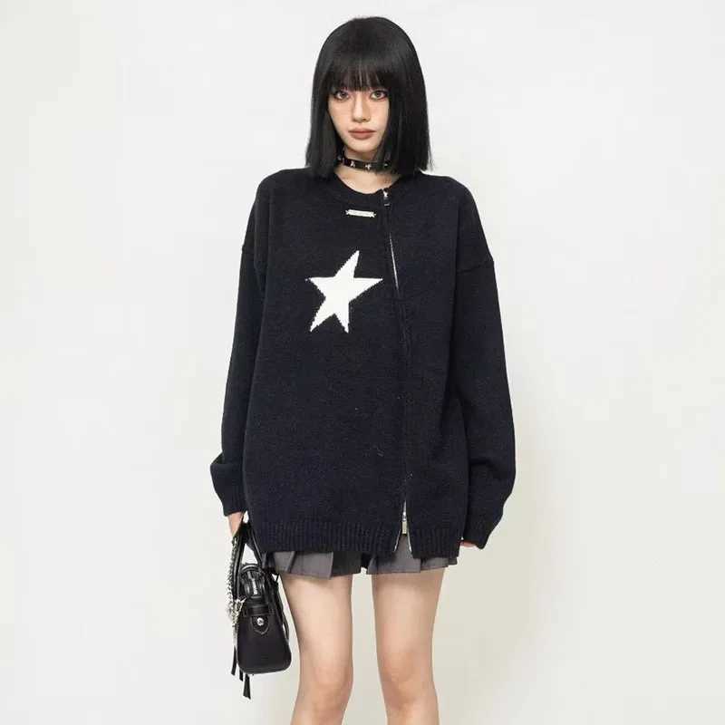Men's Sweaters Vintage Star-print Knitted Sweaters Lrregular Zip Cardigan Men Women Loose Knit Tops Casual Jumpers Autumn Jacket Strtwear Y240622