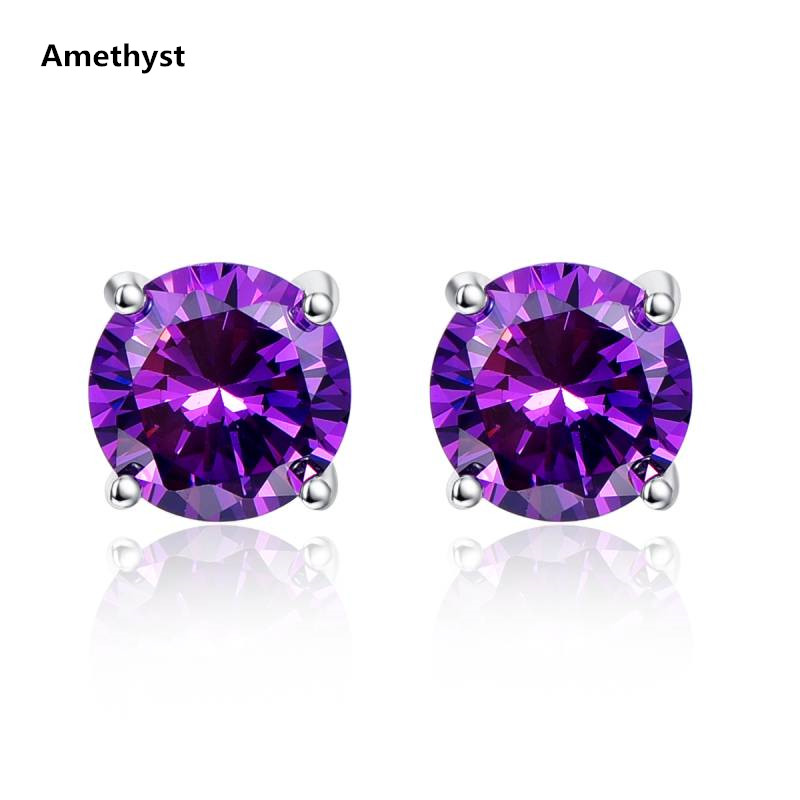 Women Natural Stone Earrings 100% 925 Sterling Silver Stud Earrings Classic Style Round Amethyst Citrine Topaz Fine Jewelry