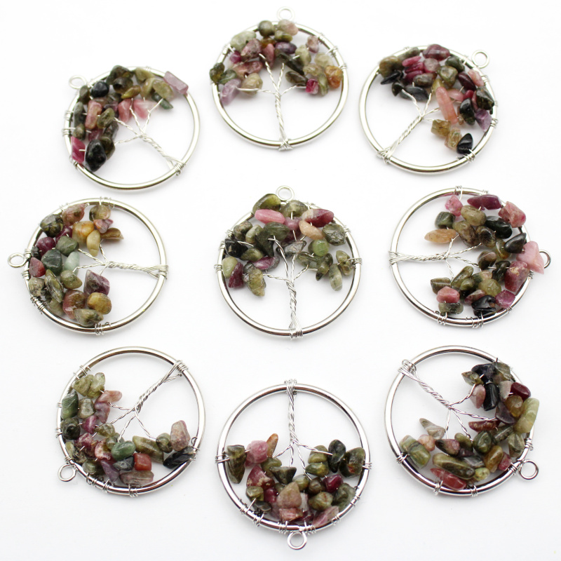 Wholesale Natural Stone Amethyst Lapis Lazuli 30mm Tree of Life Pendant 7 Chakra Reiki Pendant For Jewelry Making 10pcs Mix