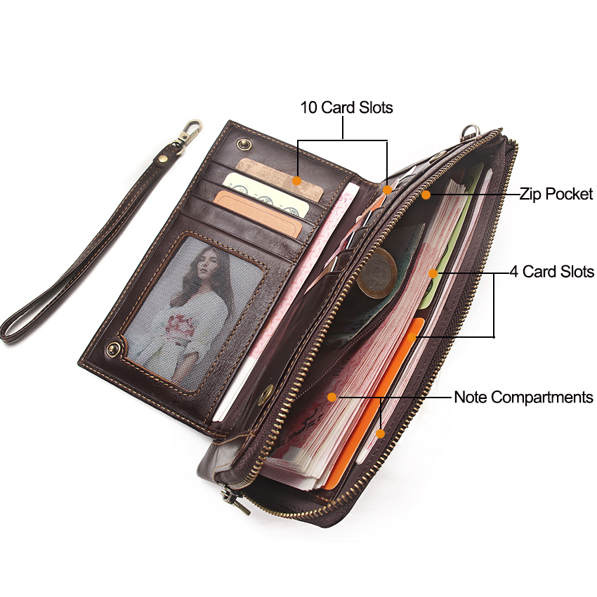 CONTACT'S Wristlet Bag Genuine Leather RFID Cellphone Wallet Men's Clutch Wallets Men Credit Card Holder Male Long Purse Zipper
