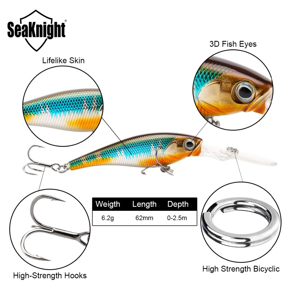SeaKnight SK006 Minnow Hard Fishing Lures 1PC 62mm 6.2g Depth 0-2.5M Floating Wobbler Bait With 3D Eyes 2 Hooks