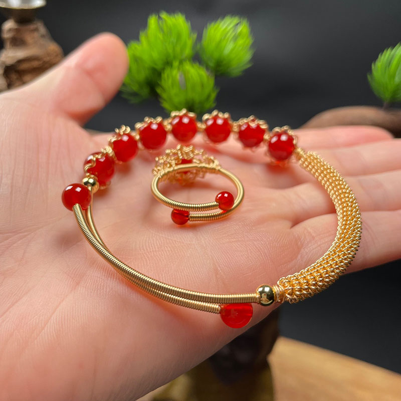 Natural Stone Bangles Cuff Copper Bracelets for Women 14K Copper Plating Gold-Color Wire Wrap Agate Bracelet Exquisite Jewelry
