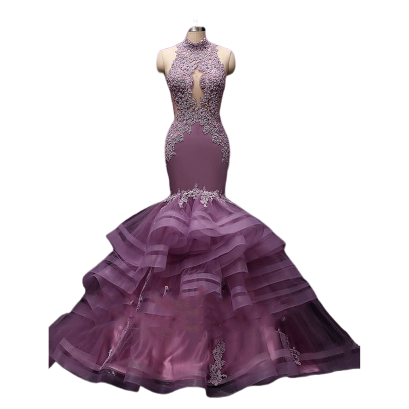 2024 Tiered Ruffle Mermaid Prom Dresses Lace Appliques Sleeveless Floor Length Evening Formal Gowns Dusty Purple Fashion New Special Occasion Dress Fo