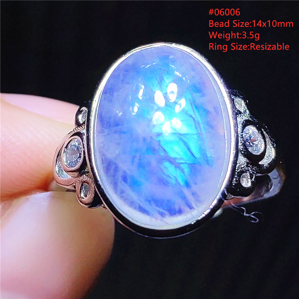 Natural Moonstone Blue Light Adjustable Ring Woman Crystal 14x10mm Oval 925 Sterling Silver Moonstone Beads Stone AAAAA