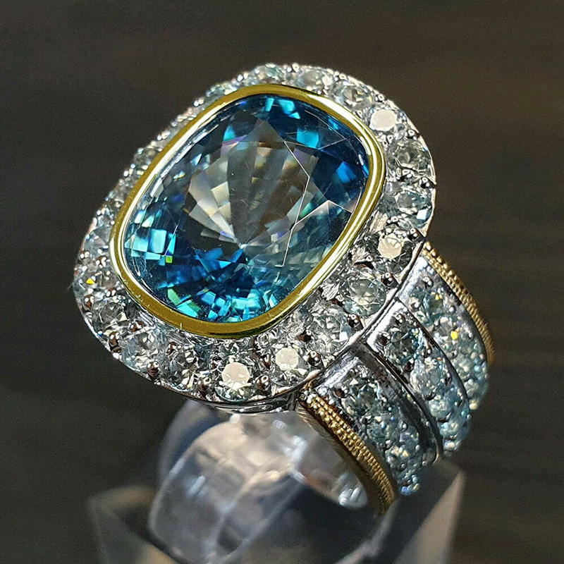 Gorgeous Stunning Wedding Rings Luxury Jewelry Elegant Sterling Silver Gold Fill Large Aquamarine CZ Diamond Party Eternity Women Bridal Ring Gift