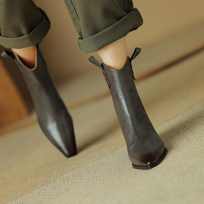 NEW Autumn Split Leather Shoes For Pointed Toe Chunky Heel Women Winter Short Western Cowboy Boots