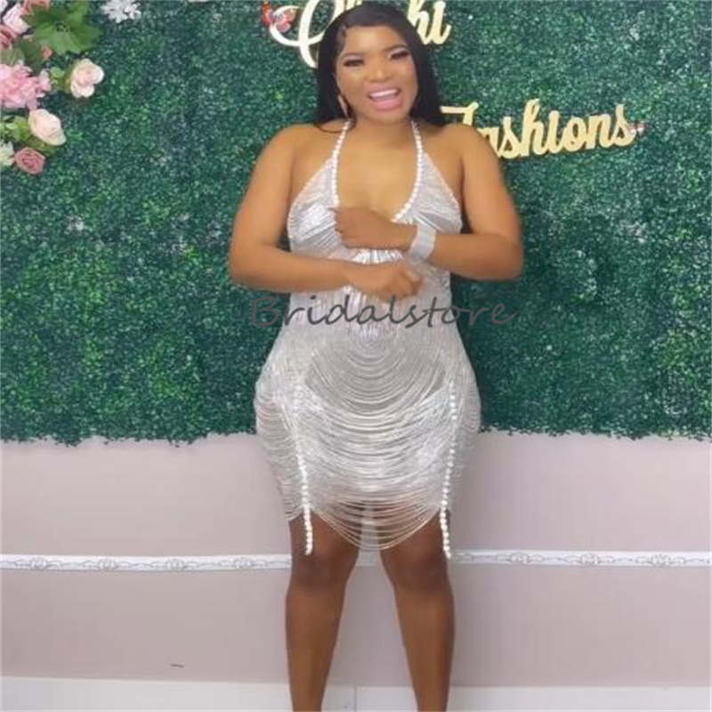 Sparkly Short Baddies Prom Dresses Deep V Neck Beaded Diamond Birthday Dress Gorgeous Glitter Black Girls Evening Dress Cocktail Dinner Party Vestidos