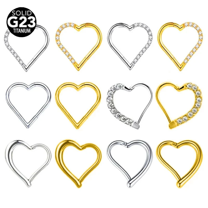Titanium Heart Daith Earring CZ Conch Helix Septum Piercing Clicker Segment Nose Ring Helix ASTM F136 G23 Titanium/Steel 16G