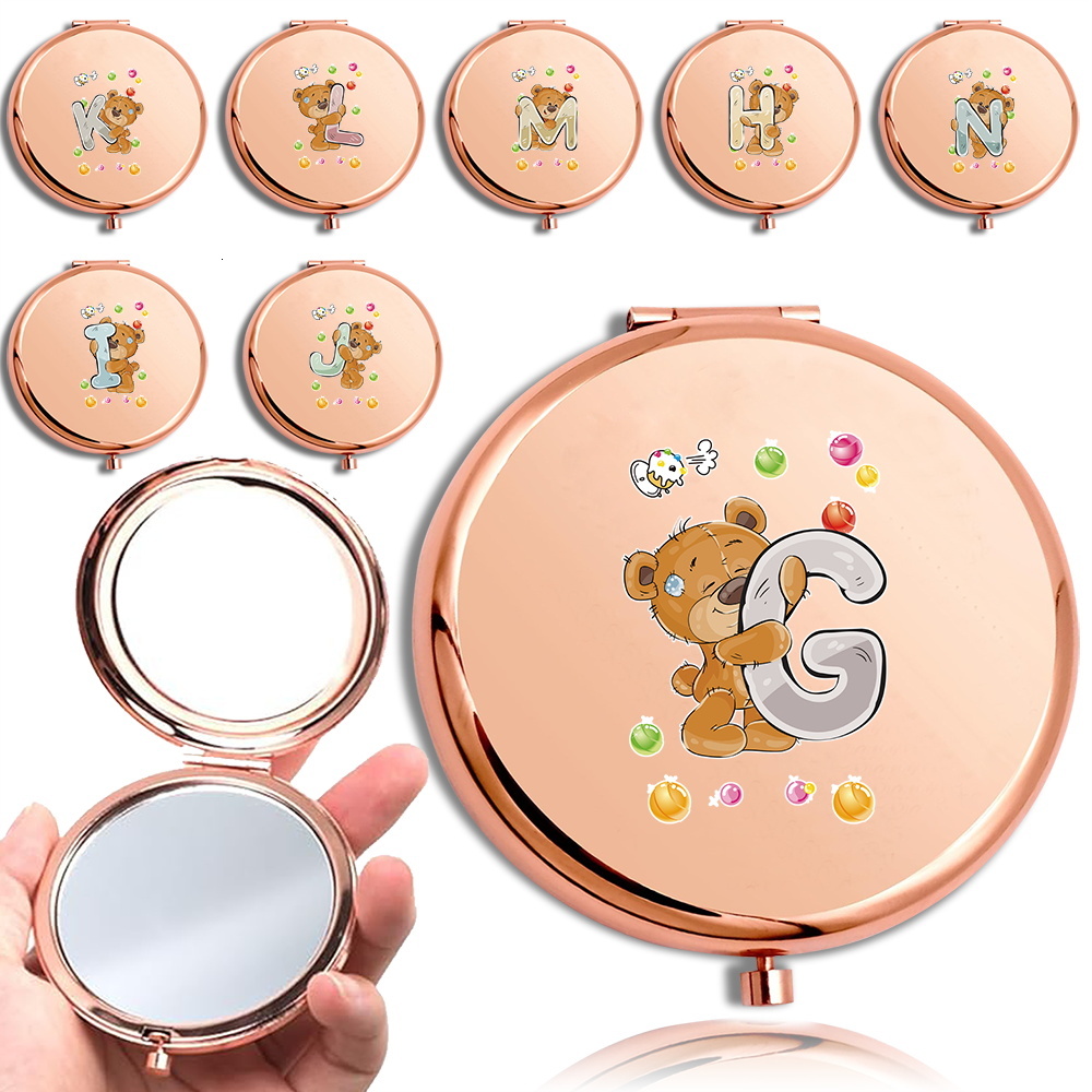 Women Cosmetic Round Handheld Makeup Puese Collapsible Look Glass Double Sided Pocket Mirror Durable Bear Letter Pattern F624-9