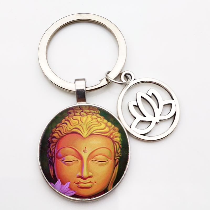 Vintage Indian Style Keychain Buddhist Souvenirs Men and Women Jewelry Key Ring Lotus Pendant Key Chain Charm Bag Diy Accessorie