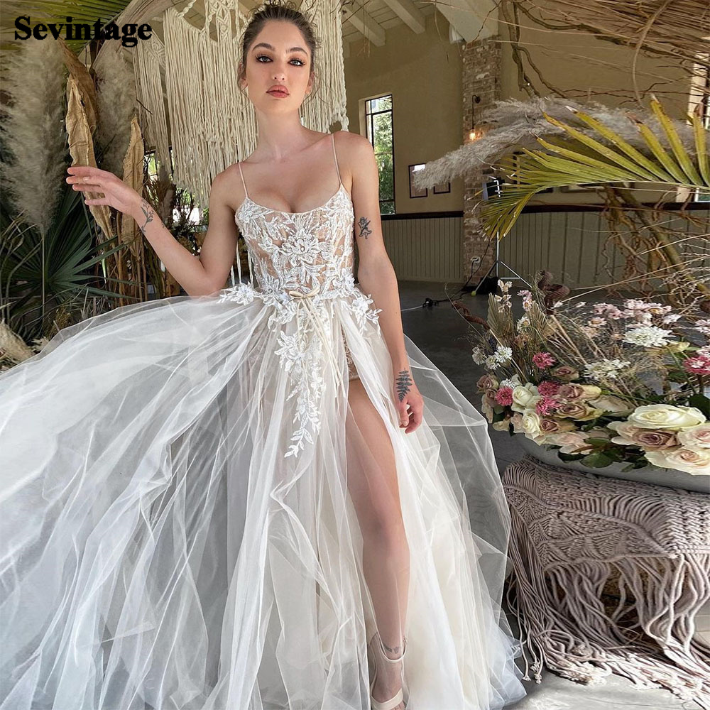 Sevintage Boho High Side Split Dresses A-e Embroidery Appliques Lace Bridal Gowns Spaghetti Straps Wedding Dress