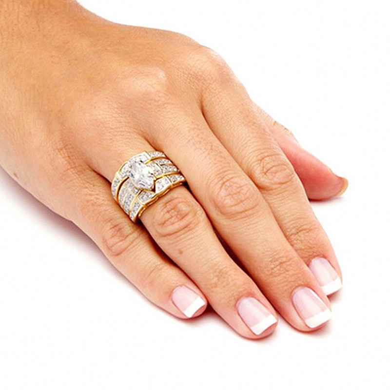 Vintage 14K Gold Marquise cut Lab Diamond Ring sets Engagement Wedding band Rings for Women Bridal Charm Party Jewelry