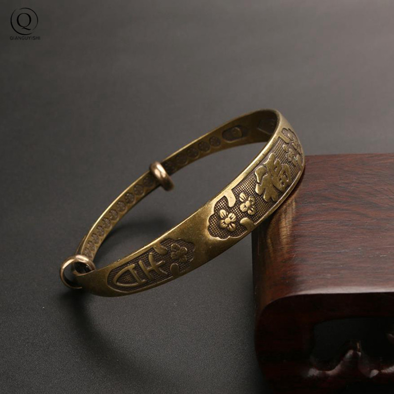 Vintage Copper Sliding Adjustable Chinese Letters Blessing Wealth Longevity Bangles for Women Antique Brass Lucky Cuff Bracelets