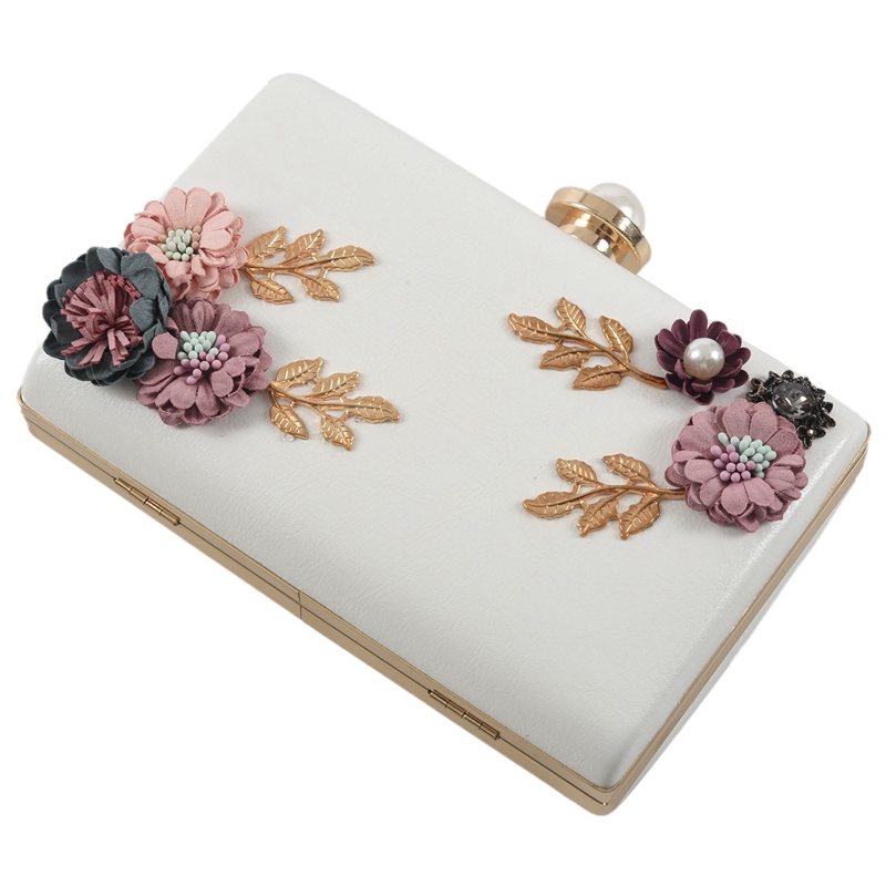 Fashion Women Leather Evening Bag Dinner Party Lady Wedding Flower Clutch Purse(white)