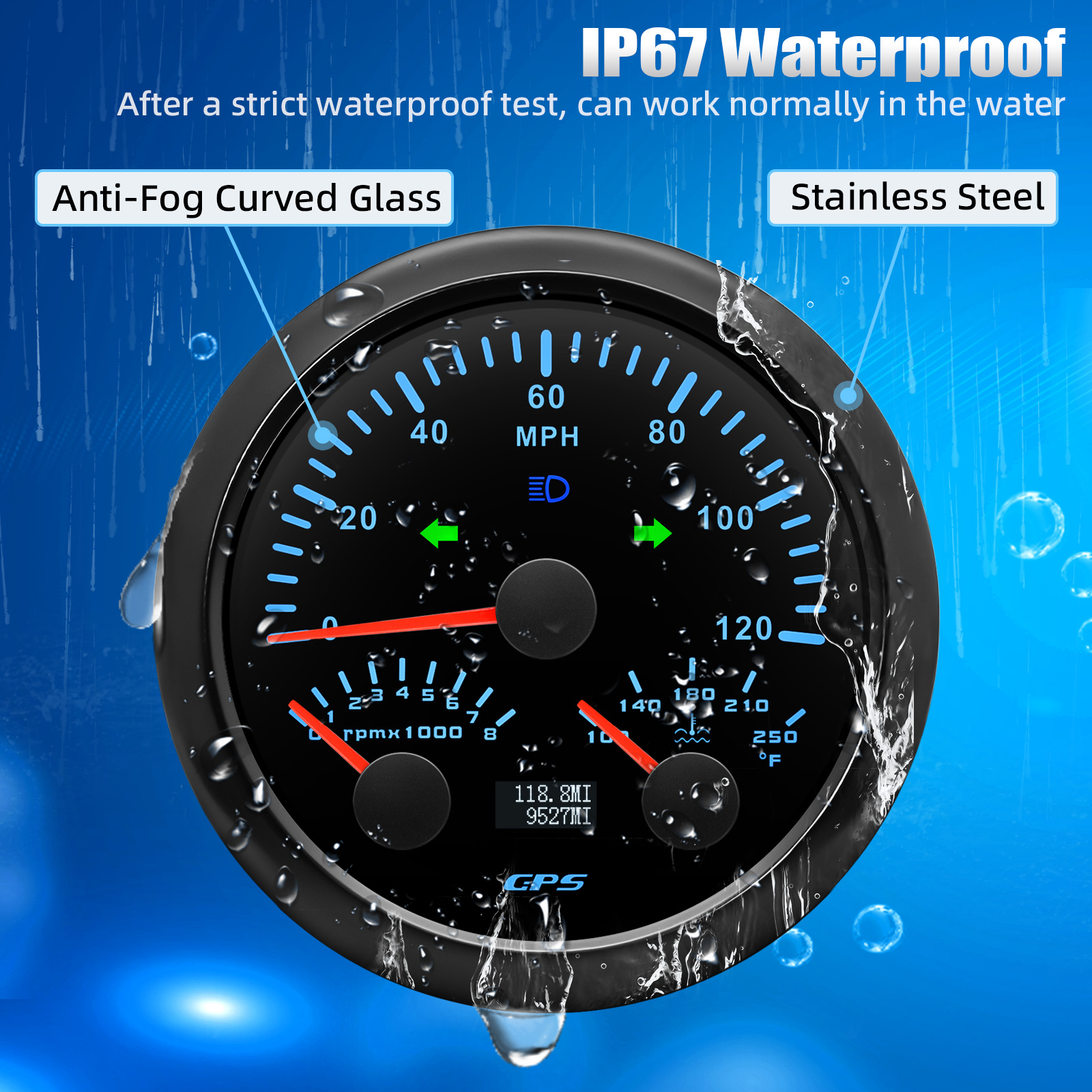 12v 24v Universal 7-color Backlight Waterproof 3In1 Car Gauge MPH Speedometer + PRM Tachometer + °F Water Temperature Gauge