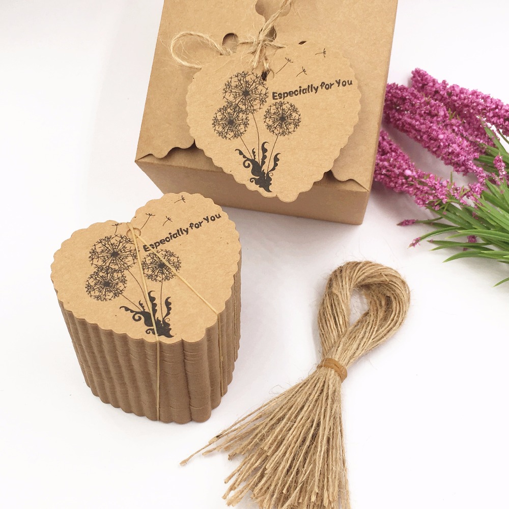 100pcs DIY Kraft Paper Tags Brown Heart Shape Label Luggage Wedding Note Blank price Hang tag Kraft Gift tags+100pcs strings