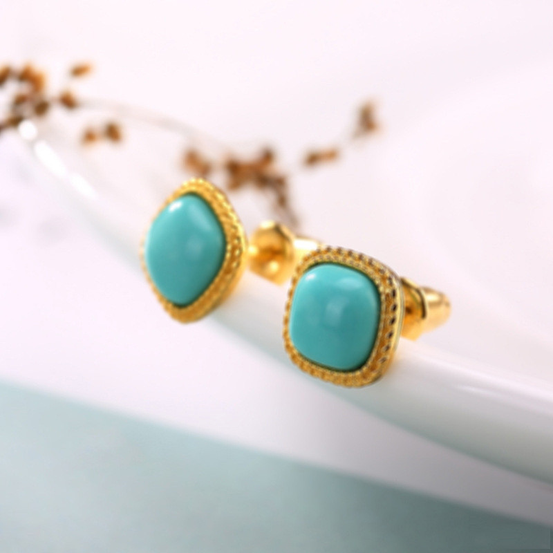 24k Gold Filled Square Turquoise Gemstones Vintage Stud Earrings for Women Classical Jewelry Trendy Accessories Concise Brincos