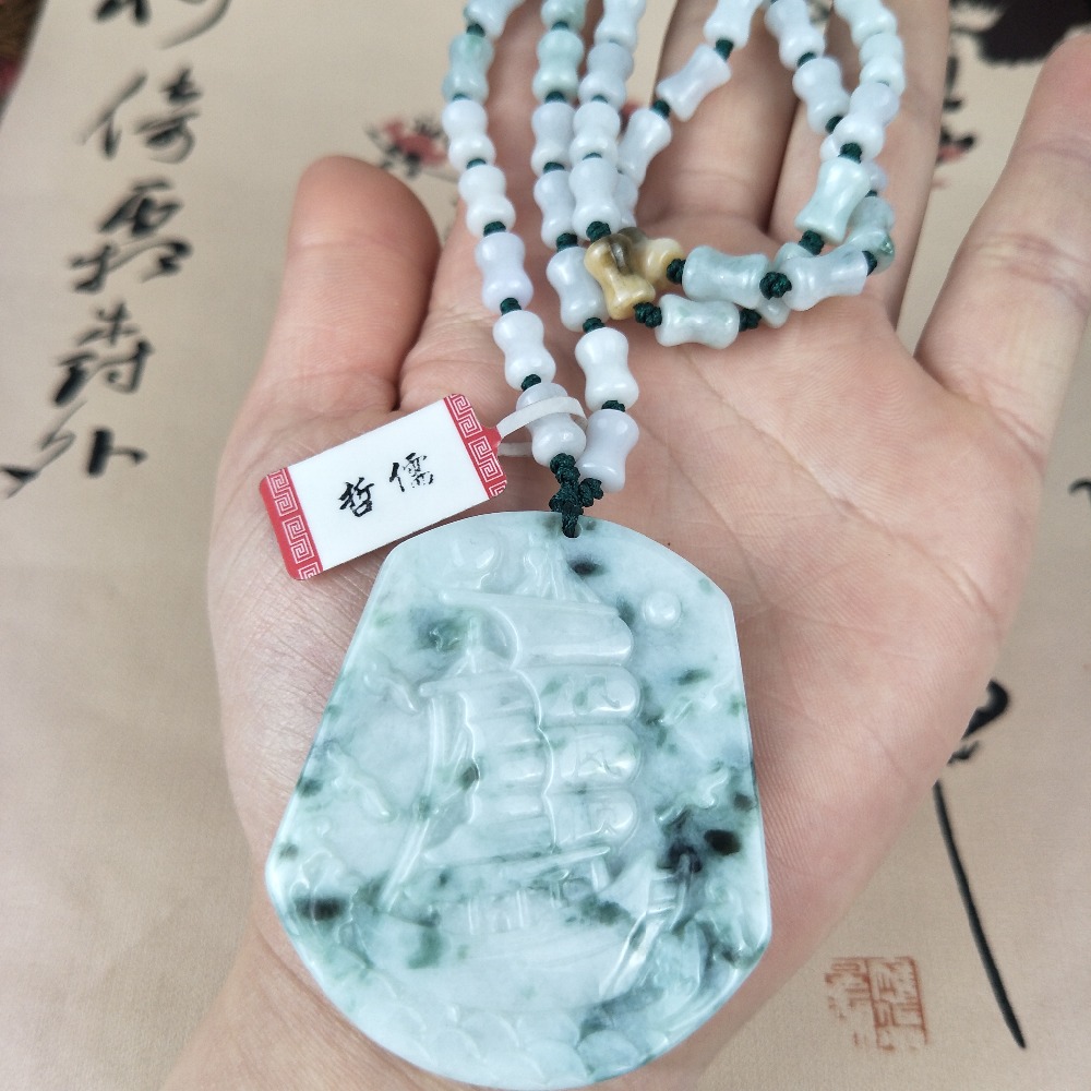 Zheru Jewelry Pure Natural Jadeite Two-Color Sea Boat Pendant Light Green Jade Jade Bead Pendant Chain A Class A National Certif