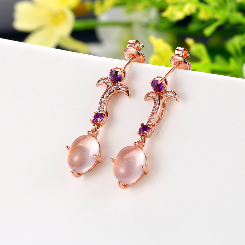 MoBuy MBEI010 Oval Natrual Gemstone Rose Quartz Drop Earrings 925 Sterling Silver Gold Plated Amethyst Fine Jewelry For Women