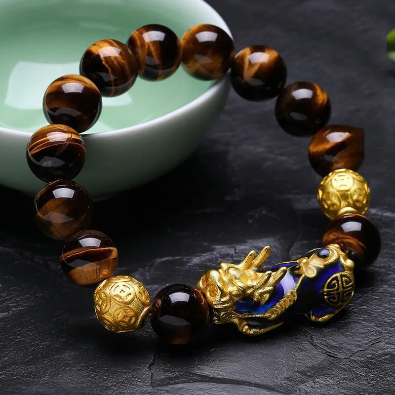 Natural Yellow Tiger Eye Black Onyx Beads Bracelet With Temperature Change Color Lucky Pixiu Brave Troops Fengshui Jewelry