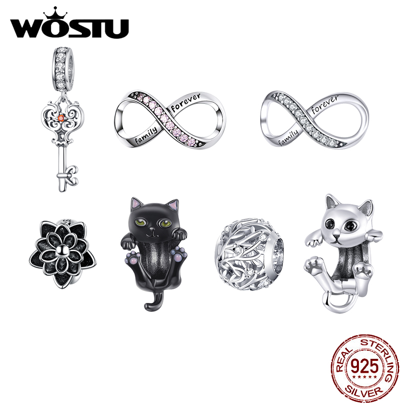 WOSTU HOT SALE 925 Sterling Silver Sparkling Flower Cat Vine Dangle Charm Beads Fit Original Bracelet Pendant Necklace Jewelry