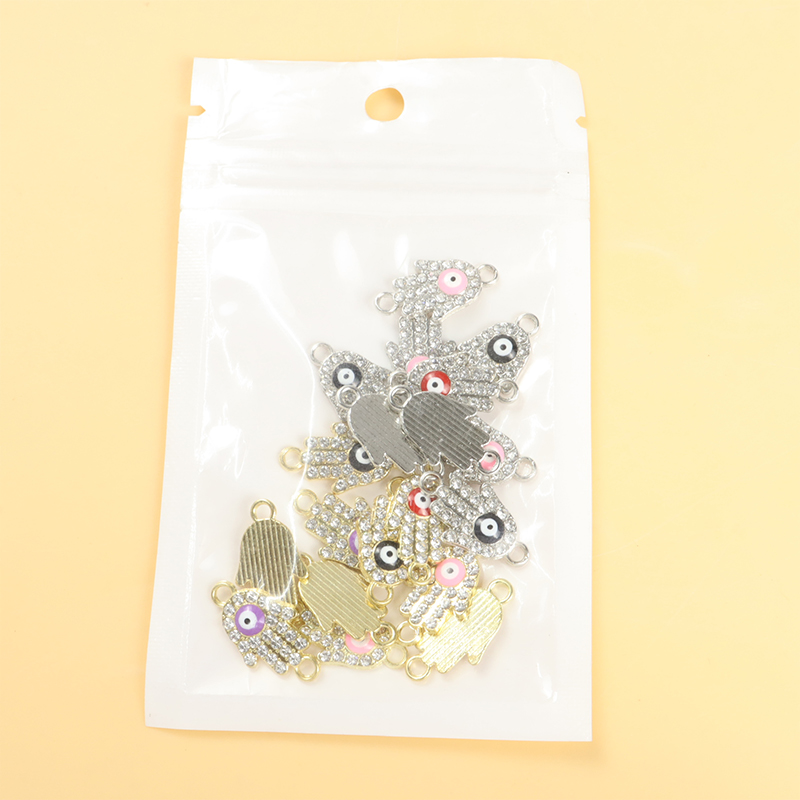10pcs Rhinestones lnlaid Hamsa Hand Evil Eye Design Enamel Connectors Turkish Style Double Hanging Pendant For DIY Lucky Jewelry