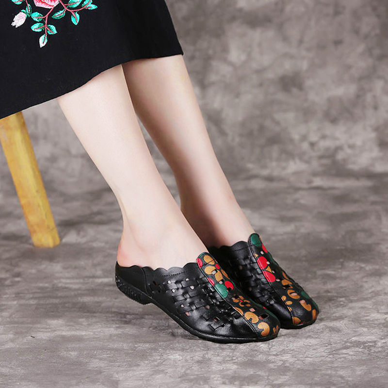 FHC Mum's Soft Leather Slippers,Women Summer Shoes Mules,Close Toe Slides,Low Heels,Comfortable for Wearing,Black,Red,Dropship