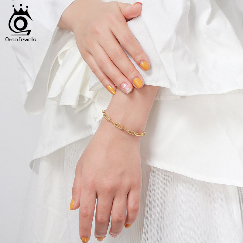 ORSA JEWELS Gold Plated Genuine Sterling Sier Paperclip Link Chain for Women Men 7, 8, 9 Inches Bracelet SB109