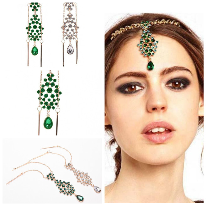 FORSEVEN Indian Head Jewelry Green/White Color Crystal Drop Forehead Hairpin Headpieces Headbands for Women Girl Bride Noiva