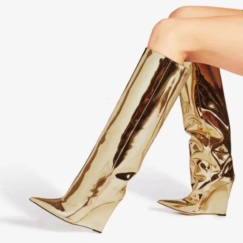 2023 Winter European American Show Wedge Knee Length New Pointed High Heel Bright Leather Large Women's Boots 68