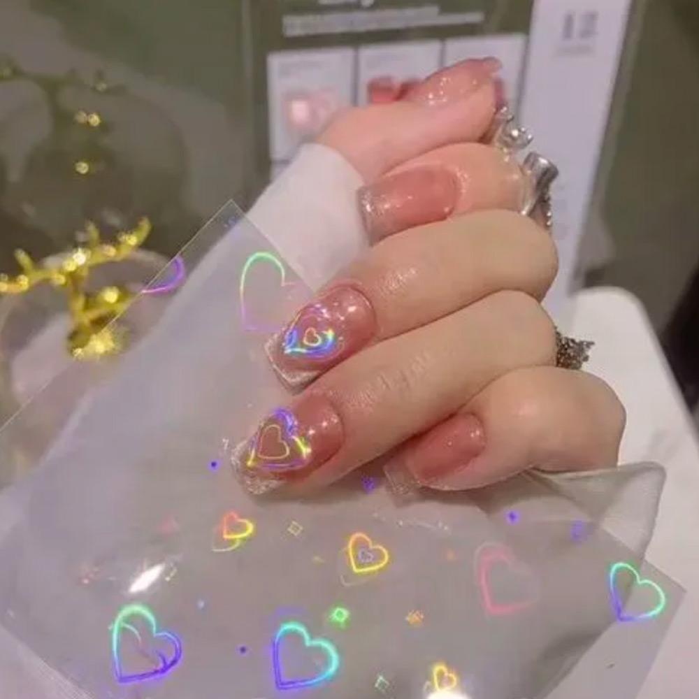 Holographic Aurora Nail Foils Women Girls Love Heart Cellophane Paper Laser Nails Film Star Self Adhesive 3D Nail Art Sticker