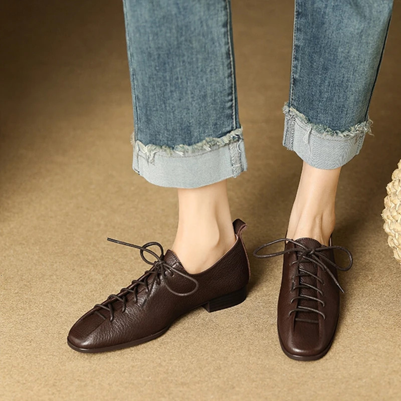 NEW Spring/Autumn Loafers Genuine Leather For Square Toe Chunky Women Pumps Lace-Up Low Heel Shoes