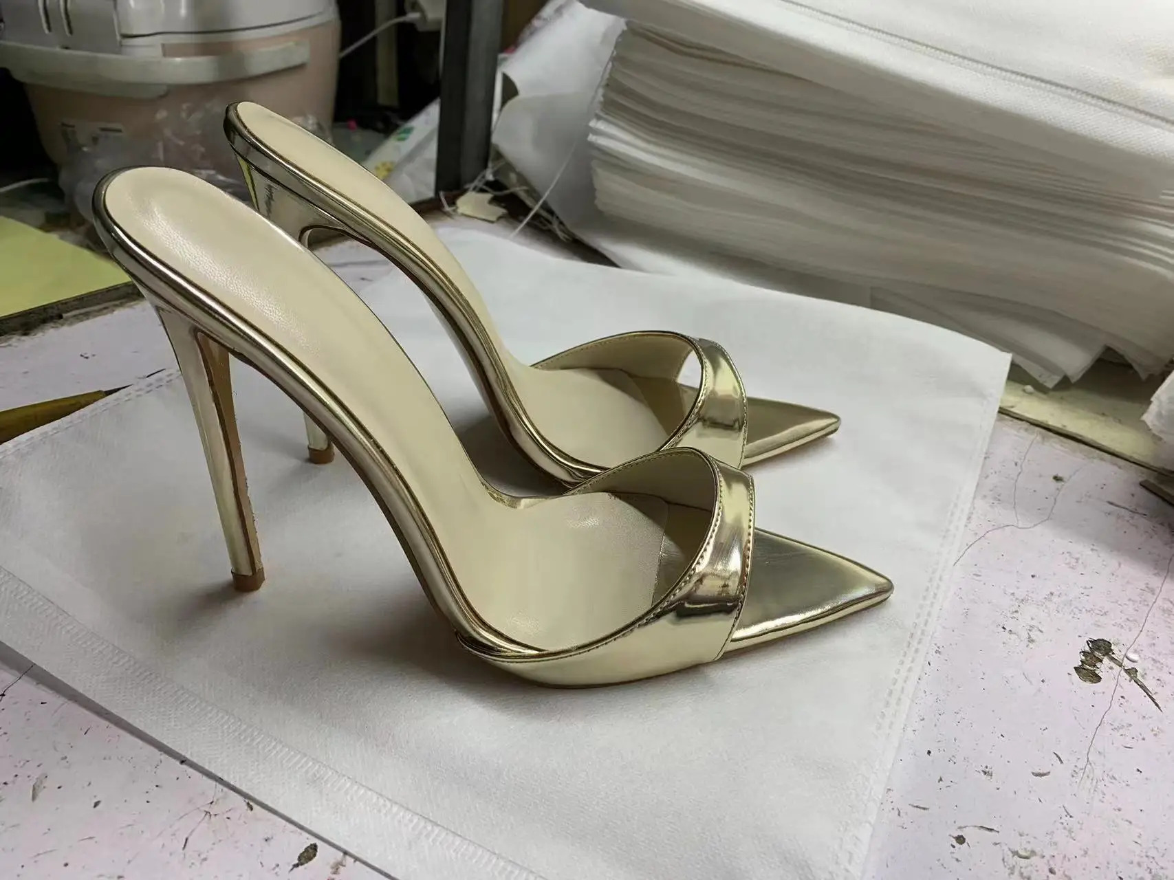 Women Peep Toe Mules Gold Slip On Thin High Big Size Classic Fashion Lady Sandals 68