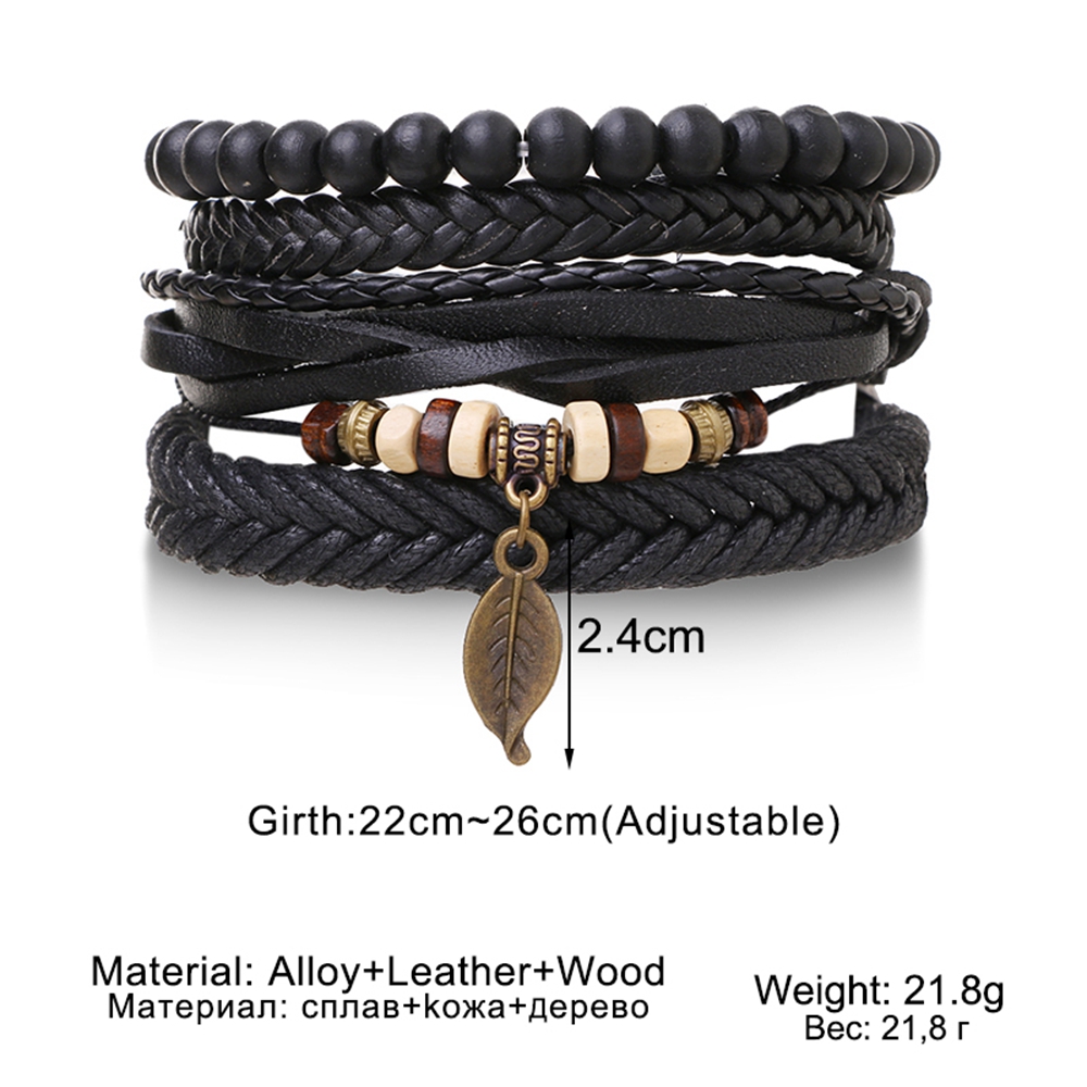 DAXI 4Pcs/set Adjustable Leather Woven Bracelets Set For Man Bronze leaves Black Beads Bracelet Vintage Gothnic Jewelry Gifts