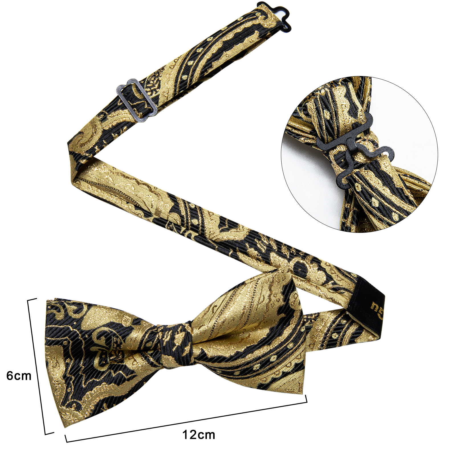 Men's Silk Bow Tie 3 PCS Set Silk Black Gold Floral Pre-tied Bow Tie Cufflinks Pocket Square Set for Wedding Party Man Cravate