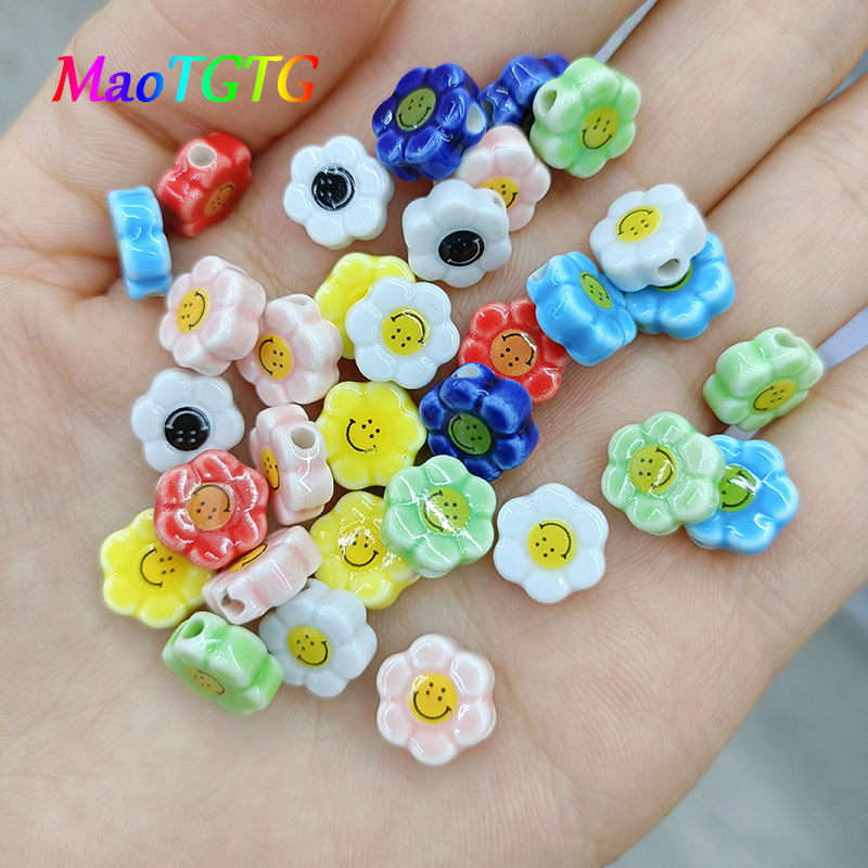 Colorful Sunflower Smile Face Ceramic Beads For Jewelry Making Necklace Bracelet 10X4mm Color Sunflower Porcelain Bead Wholesale