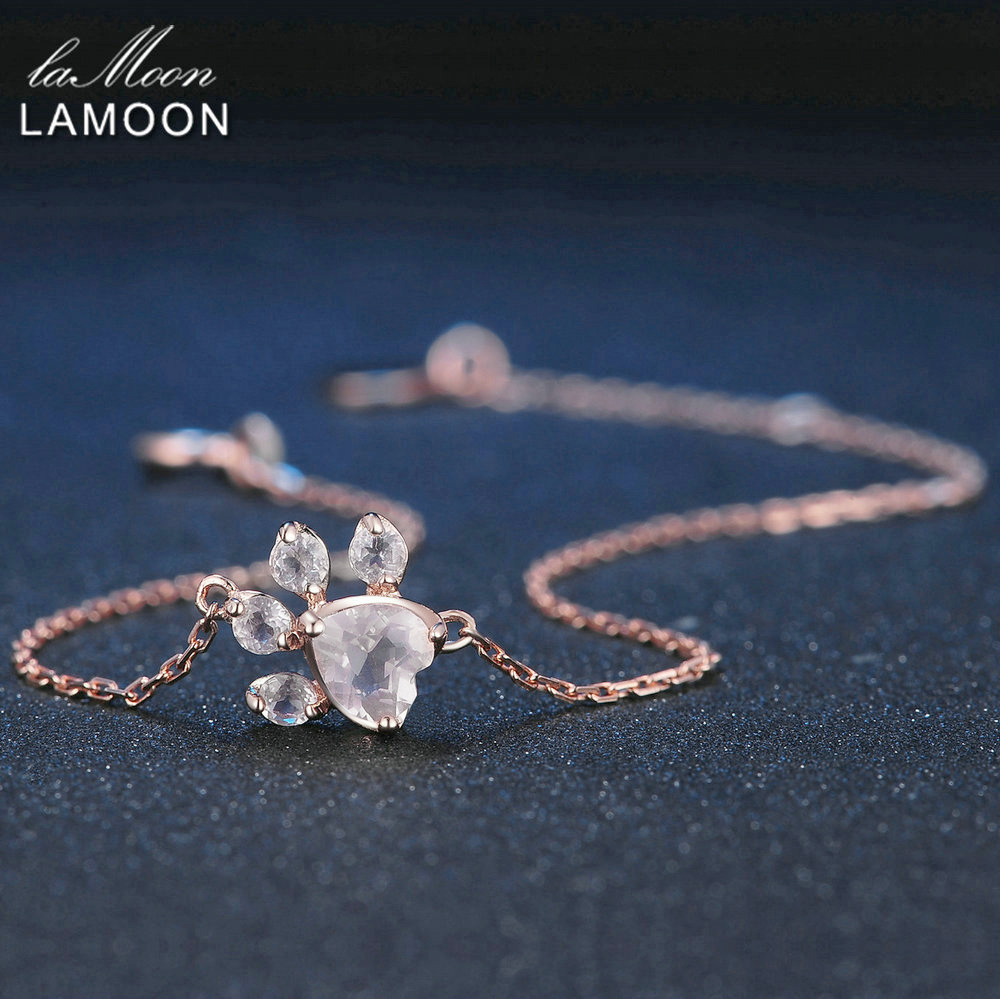 LAMOON Paw 5X5.5mm 100% Natural Heart Pink Rose Quartz 925 Sterling Silver Jewelry Rose Gold Chain Charm Bracelet S925 LMHI005