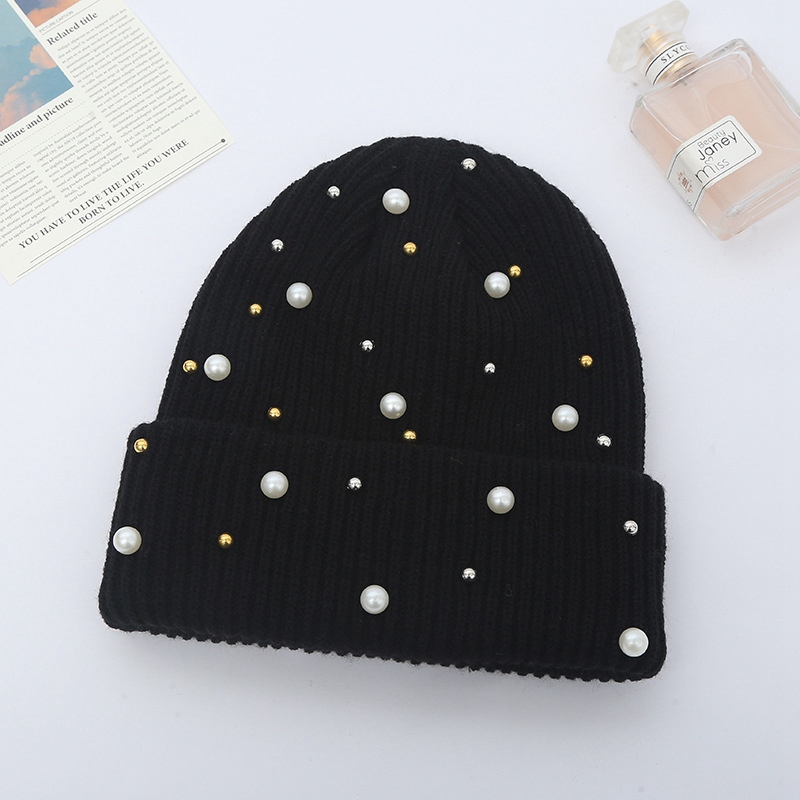 Pearl Inlay Solid Color Keep Warm Knitting Beanie Hat Unisex Autumn Winter Hip Hop Outdoor Women Ski Cap Skull Cap