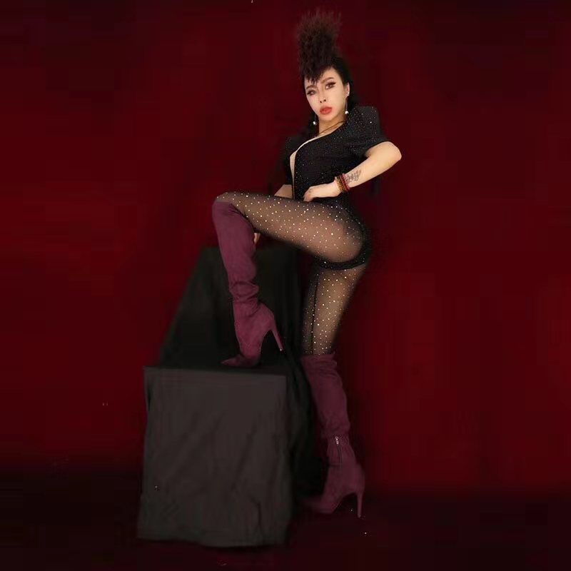 Sexy Nightclub Jazz Singer Dj Stage Costumes Women Puff Sleeve Rhinestones Bodysuits Crystals Leotard Ds Dancer Wear Black