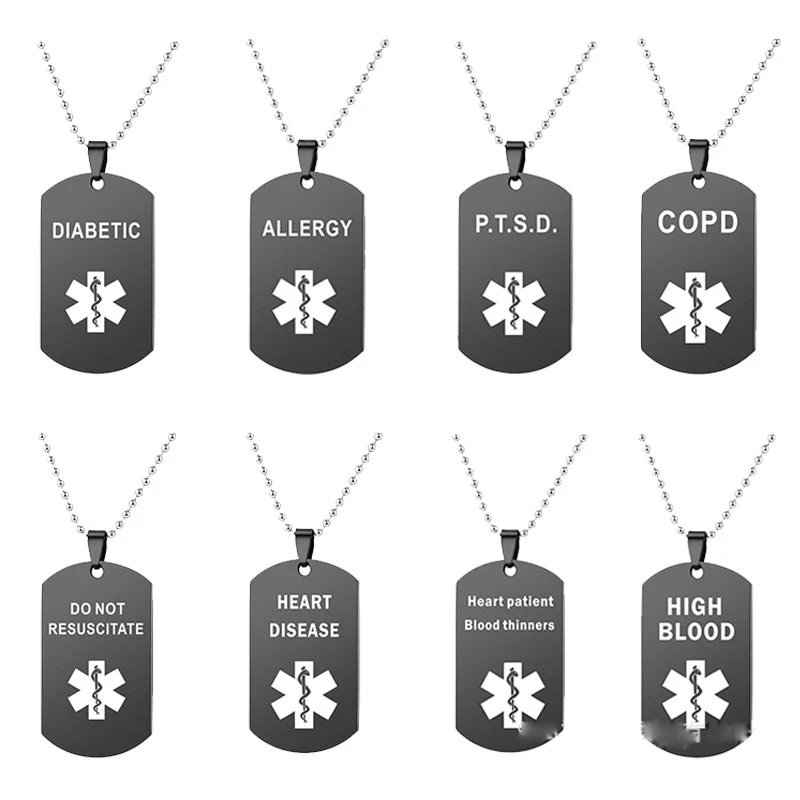 Black Dog Tag Pendant Medical Alert ID Necklace for Men Woman SOS ICE HEART PATIENT BLOOD THINNERS